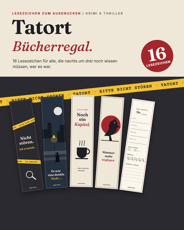 Titelbild der Krimi-Lesezeichen: fünf Lesezeichen im Noir-Stil vor Absperrband