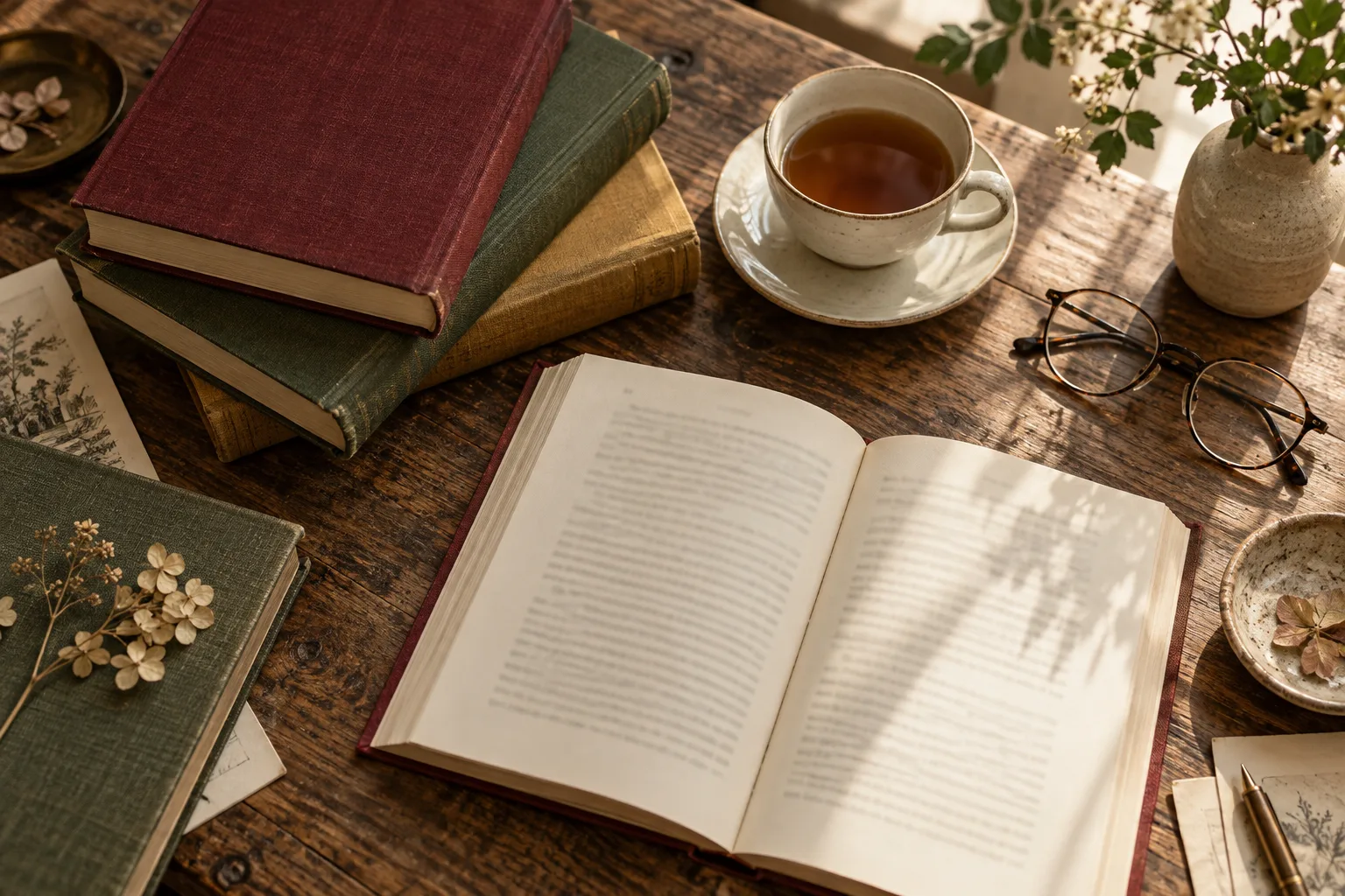 Bücher und Tee auf einem Holztisch. KI-generiertes Stimmungsbild, keine Abbildung der besprochenen Ausgaben.